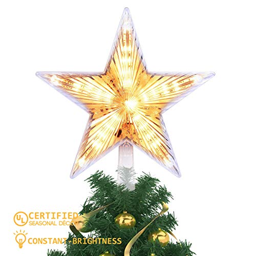 Product Cover YUNLIGHTS 8 Inch Lighted Christmas Tree Topper, Classic 5 Point Star Treetop with 20 LED, Warm White Clear Light for Christmas Tree Decoration