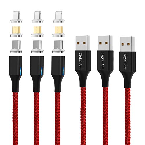 Product Cover Digital Ant Gen-X Micro USB + USB-C/Type-C + i-Product 3 Tips in 1 Nylon Braided Magnetic Charging Cable, Support 3.0A Fast Charging & Data Transfer (5-Feet Red, 3-Pack)