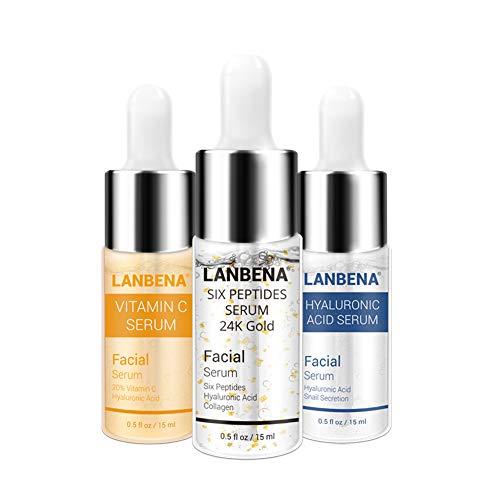 Product Cover LANBENA Vitamin C Serum - Six Peptides Serum 24K Gold - Hyaluronic Acid Serum,Remove Freckle Fade Dark Spot Anti-aging Whiten Moisturize Facial Serum (3PCS) (SET)