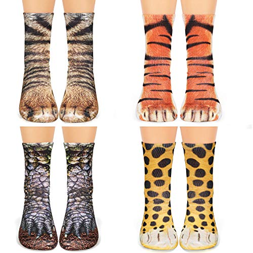 Product Cover Animal Print Paw Crew Socks 4 Pair Novelty Funny 3D Socks Dinosaur Tiger Leopard Cat Paw Socks for Women Men Boys Girls Kids