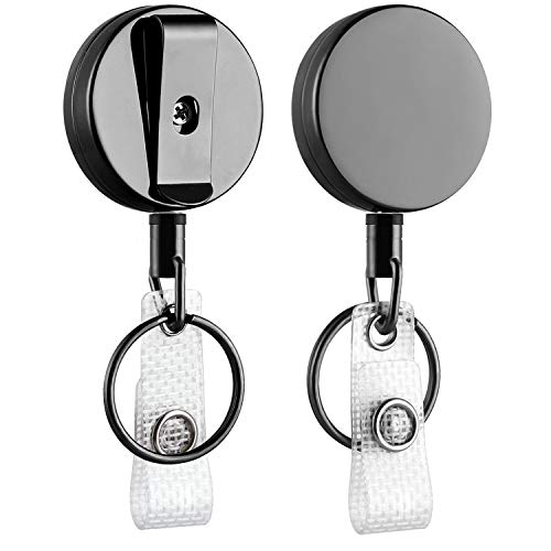 Product Cover 2 Pack Heavy Duty Retractable Badge Holder Reel, Will Well Metal ID Badge Holder with Belt Clip Key Ring for Name Card Keychain [All Metal Casing, 27.5