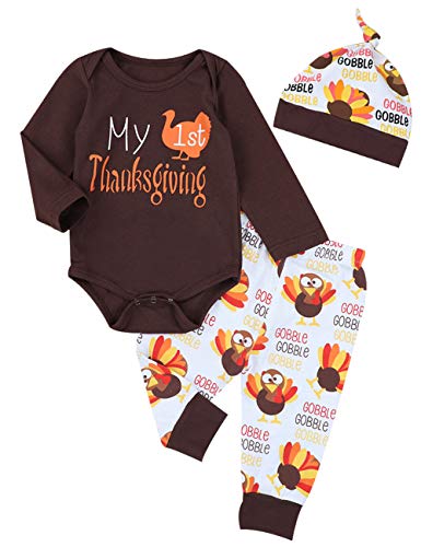 Product Cover Thanksgiving Outfits Newborn Baby Boy Girl My First Thanksgiving Romper Top + Turkey Pant + Hat Clothes Set