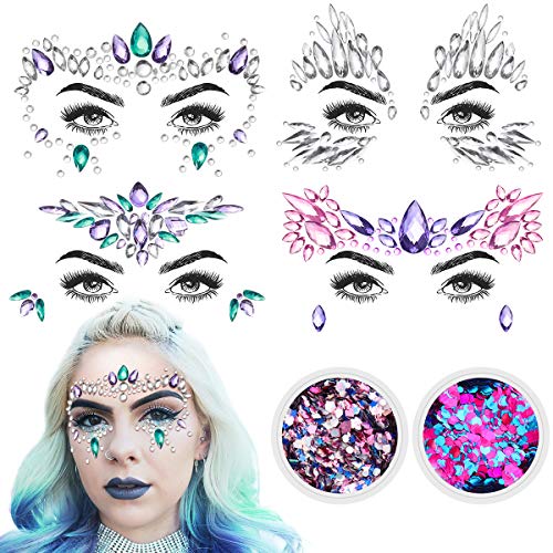 Product Cover ETEREAUTY Face Jewels, 4 Sets Women Mermaid Face Gems & 2 Face Glitter Face Stickers for Music Rave Festival, Rhinestone Body Temporary Stickers