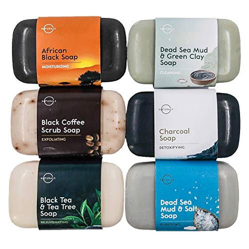 Product Cover O Naturals 6-Piece Black Bar Soap Collection. 100% Natural. Organic Ingredients. Helps Treat Acne, Repairs Skin, Moisturizes, Deep Cleanse, Luxurious. Face & Body Women & Men. Triple Milled, Vegan 4oz
