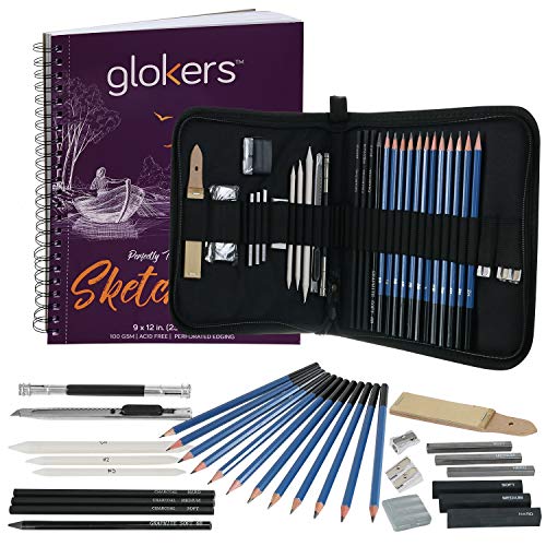 Product Cover Glokers 33-Piece Drawing Art Set - Drawing Sketch Pad, Shading Pencils, Professional Art Supplies