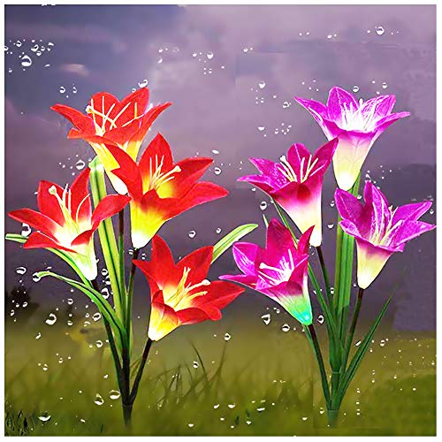 Product Cover Outdoor Solar Garden Stake Lights,Upgraded LED Solar Powered Light, Multi-Color Auto-Changing 8 Bigger Lily Flower Decorative Lights for Garden,Patio,Backyard(2 Pack,Purple&Red）