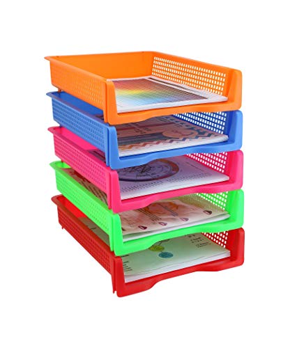 Product Cover Zilpoo 5 Tier - Plastic Desk Letter Organizer Tray, Stackable Office Desktop Document Paper Storage, Front Load File Holder, Portrait, Assorted Colors