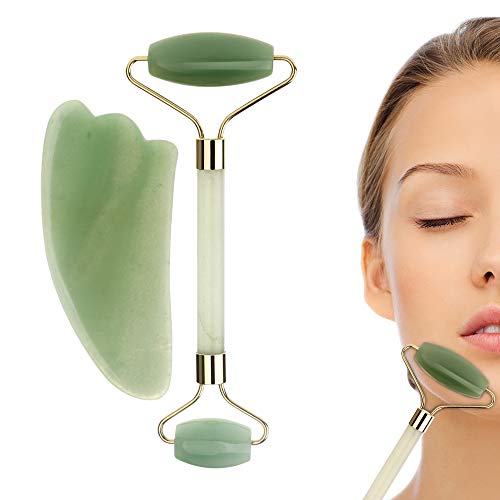 Product Cover Jade Roller & Gua Sha Massage Tool Set, Jade Roller for Face, 100% All-Natural jade, Highly Potent, Anti Aging Wrinkle, Facial Massager Therapy, Clears Toxins, Reduces Puffiness