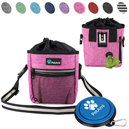 Product Cover PetAmi Dog Treat Pouch | Dog Training Pouch Bag with Waist Shoulder Strap, Poop Bag Dispenser and Collapsible Bowl | Treat Training Bag for Treats, Kibbles, Pet Toys | 3 Ways to Wear (Pink)
