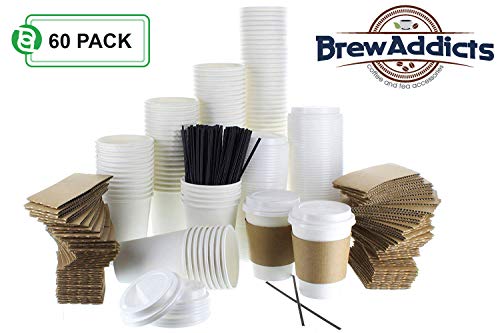 Product Cover JUMBO Pack White Coffee Cups | White Insulated Disposable Hot Cups with Lids, Sleeves & Stirrers for Tea, Chocolate | Perfect for To-Go Travel Mug, Parties and More | Size 12 Ounce | 60 Count