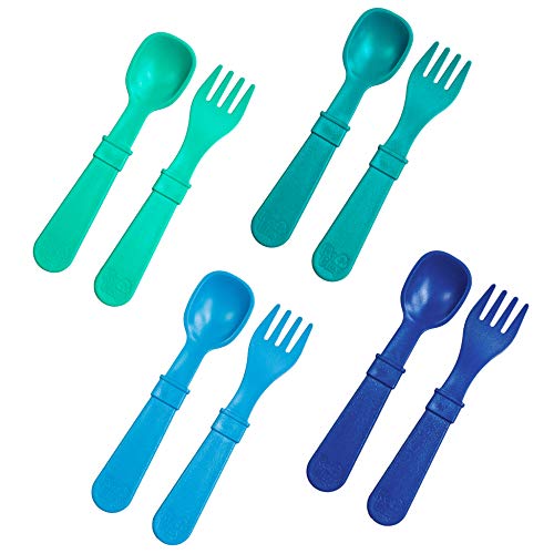 Product Cover Re-Play Made in USA 8pk Toddler Feeding Utensils for Easy Baby, Toddler, Child Feeding - Aqua, Sky Blue, Navy, Teal (True Blue+)