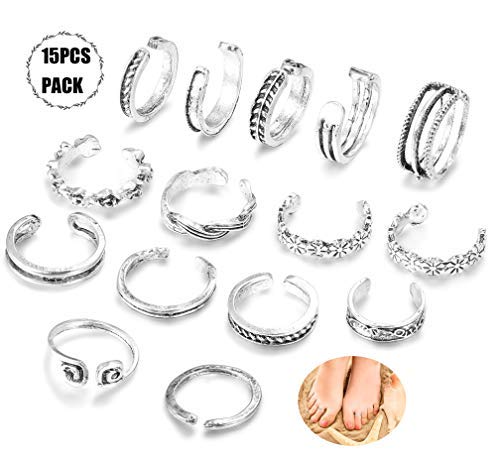 Product Cover Finrezio 15 PCS Antique Silver Tone Toe Rings for Women Girls Adjustable Open Foot Jewelry Set