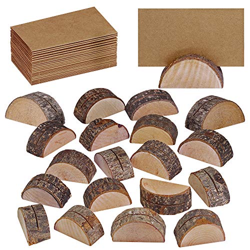 Product Cover Supla 20 Pcs Rustic Wood Wedding Place Card Holders with 30 Pcs Kraft Tented Cards Half-Round Table Numbers Holder Stand Wooden Memo Holder Card Photo Picture Note Clip Holders Escort Card Holder