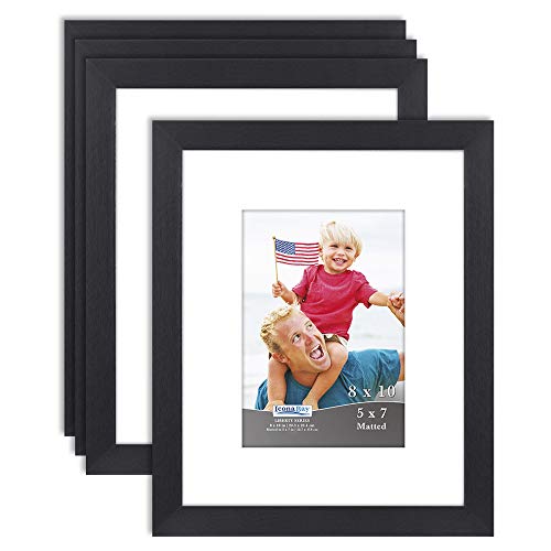 Product Cover Icona Bay 8x10 Picture Frames Matted for 5x7 Photos (4 Pack, Black), Sturdy Wood Composite Frames, Tabletop and Wall Hang Hooks Included, Liberty Collection