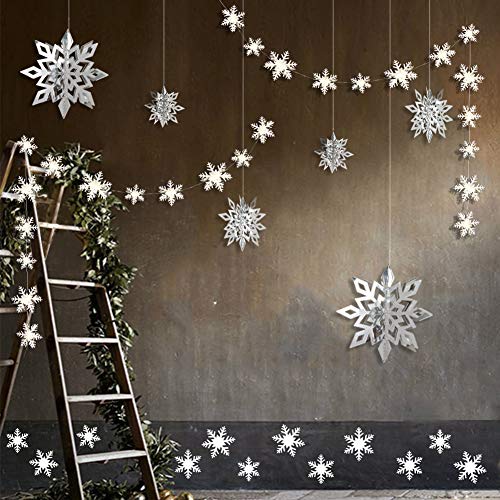 Product Cover Winter Wonderland Party Decorations, 24pcs 3D Paper Snowflake Hanging Garland Decorations & 6pcs Large Snowflake Decor & Stickers Value Kit for Birthday Christmas Hanging Party Decor Supplies (Silver)