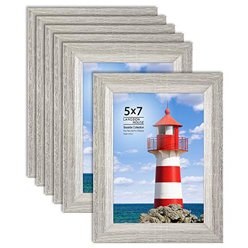 Product Cover Langdon House 5x7 Picture Frame (6 Pack, Gray), Sturdy Wood Composite Photo Frame 5 x 7, Wall Mount or Table Top, Set of 6 Seaside Collection