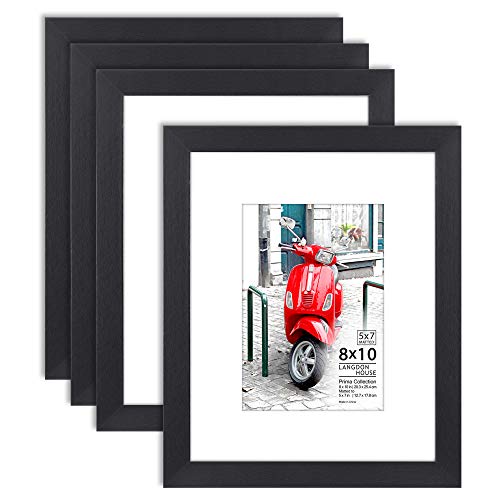 Product Cover Langdon House 8x10 Picture Frame (4 Pack, Black) 8 x 10 Photo Frame with Mat for 5x7 Picture, Sturdy Wood Composite, Wall Mount Hooks Included with Black Picture Frames, Prima Collection