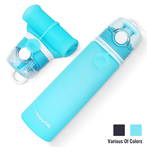 Product Cover Valourgo Collapsible Sports Water Bottle - Leak Proof Roll up BPA Free Silicone Water Bottle for Travel and Outdoor, 21 oz (Lake Blue)