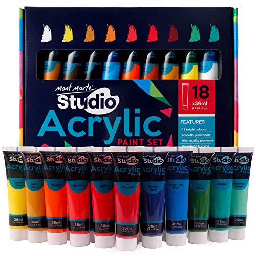 Product Cover Mont Marte Acrylic Paint Set 18 Colours 36ml, Perfect for Canvas, Wood, Fabric, Leather, Cardboard, Paper, MDF and Crafts