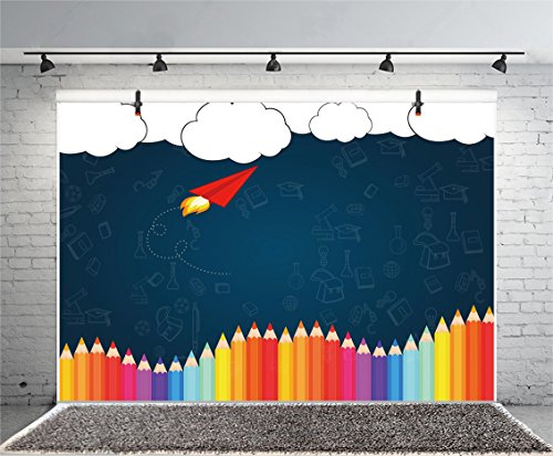 Product Cover Leyiyi 5x3ft Welcome Back to School Photography Background Old Classroom Chalk Board Blackboard Colored Pens Back Season Grunge Gaffiti Paper Plane Backdrop Students Photo Portrait Vinyl Studio Prop