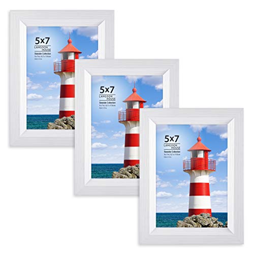 Product Cover Langdon House 5x7 Picture Frame (3 Pack, White), Sturdy Wood Composite Photo Frame 5 x 7, Wall Mount or Table Top, Set of 3 Seaside Collection