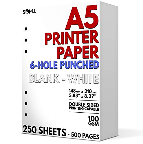 Product Cover SOM.L - A5 Blank Paper - 250 Sheets (500 Pages) - 6 Hole Punched - 100 GSM (24 lb.) - for FiloFax, A5 Planners, Organizers, and Binders - 148mm x 210mm (5.83 inches x 8.27 inches)