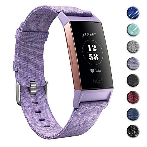 Product Cover hooroor Canvas Woven Bands Compatible for Fitbit Charge 3 and Charge 3 SE Fitness Tracker, Breathable Fabric Soft Accessory Sports Replacement Band Wristbands Strap for Women Men (Lavender, Small)