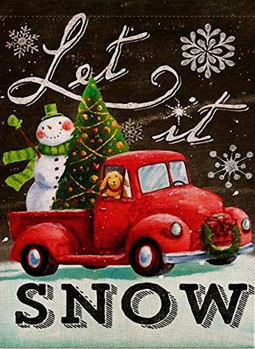 Product Cover Dyrenson Home Decorative Christmas Garden Flag Let it Snow, Snowman Xmas Quote Yard Flag with Red Truck, Rustic Winter Snowflake Yard Decorations, Double Sided Seasonal Outdoor Flag 12 x 18 Holiday