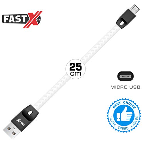 Product Cover FASTXTM Micro USB Cable - Power Bannk Cable for Android Data Cables Fast Charging Cable Short Mini Small Flat Upto 2.1a sync powerbank Mobile Cable for Smartphones Laptop pc (Black/White) (White)