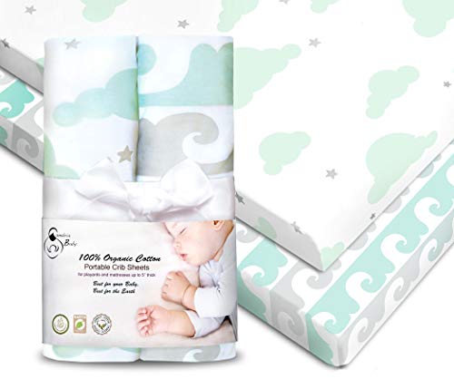 Product Cover 2 Pack 100% Organic Cotton Fitted Sheets for Pack 'n Play and Other Portable/Mini Cribs, Mint/Gray, Unisex for Boy or Girl, 2 Pack, Playard and Mattress