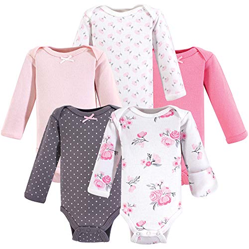 Product Cover Hudson Baby Unisex Baby Cotton Preemie Bodysuits, Basic Pink Floral Long-Sleeve, Preemie