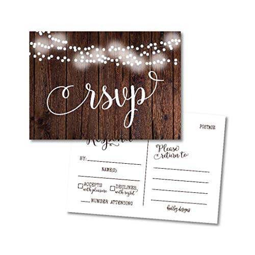 Product Cover 25 Rustic Wood Lights Blank RSVP Cards, Response Postcard Kindly Reply for Weddings, Bridal Rehearsal Dinner, Baby Shower, Birthday, Engagement, Bachelorette Party Invitation Kits No Envelopes Needed