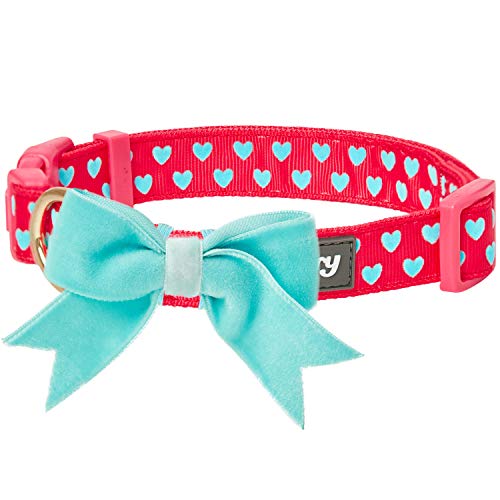 Product Cover Blueberry Pet 2019 New 4 Patterns Adjustable Flocking Dog Collar with Detachable Velvety Bowtie - Valentine's Heart in Lust Red, Medium, Neck 14.5