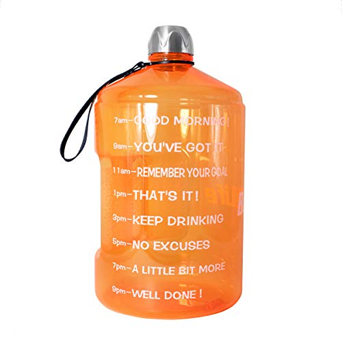 Product Cover QuiFit 1 Gallon Water Bottle with Motivational Time Marker 128/73/43 oz Large Capacity BPA Free Reusable Sports Water Jug with Handle to Drink More Water(1 Gallon, Orange)