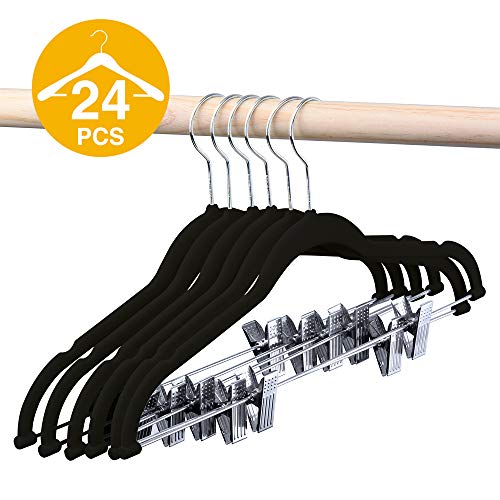 Product Cover HOUSE DAY Velvet Skirt Hangers - Pack of 24 - Velvet Hangers with Clips Ultra Thin Non Slip Velvet Pants Hangers Space Saving Clothes Hanger (Black)