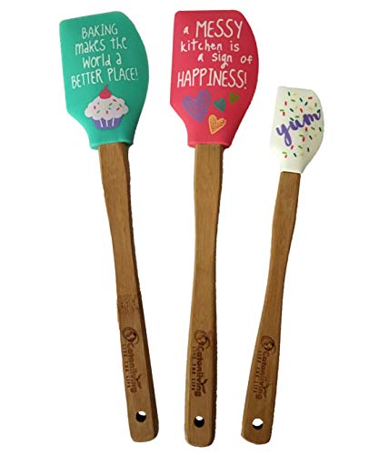 Product Cover Silicone Rubber Bamboo Handle Cake Kitchen Spatula Gift Box Set of 3. Heat Resistant Fun Printed Flexible Pastry Baking Spatulas. 2 Large Spatulas and 1 Mini Spatula for scraping out small jars