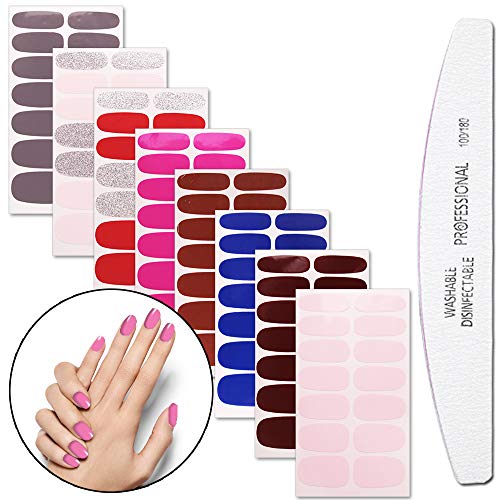 Product Cover WOKOTO 8 Sheets Nail Polish Stickers With 1Pcs Nail File Pure Color Classical Adhesive Full Wraps Nail Decals Manicure Sticker Strips Set For Women