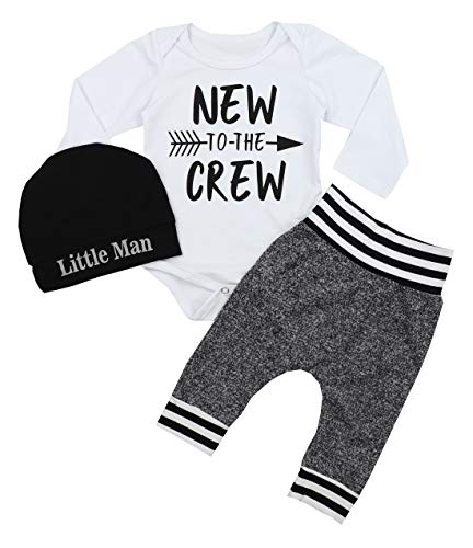 Product Cover Newborn Baby Boy Clothes New to The Crew Letter Print Romper+Short Pants+Hat 3PCS Outfits Set 0-3 Months White