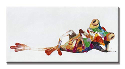 Product Cover PICTURE IT ON CANVAS Leisure Lying Frog Oil Painting Hand Painted Colorful Frosch Wall Decor Artwork with Stretched Frame Collectible,Ready to Hang 8X16 Inch