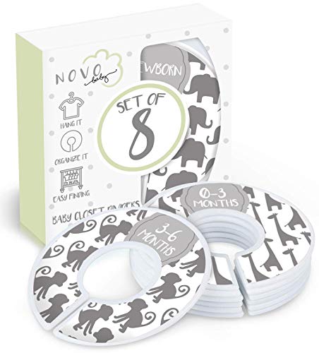 Product Cover Baby Closet Size Dividers | Set of 8 | Unisex Animals Grey Design for Nursery Clothes Organization Sized from Newborn, 1-24 Months to Toddler | Perfect for Girl or Boy