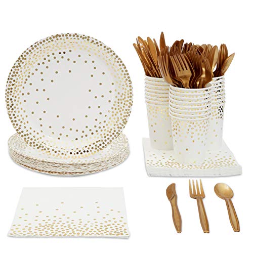 Product Cover Juvale Gold Foil Party Supplies (Serves 24) Plates, Napkins, Cups, Cutlery - Polka Dots