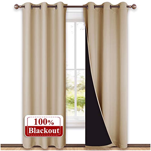 Product Cover NICETOWN Living Room Completely Shaded Draperies, Privacy Protection & Noise Reducing Black Lined Insulated Window Treatment Curtain Panels for Patio Door (Set of 2 PCs, W42 x L84, Biscotti Beige)