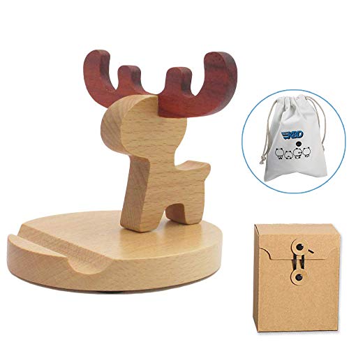 Product Cover Cute Cell Phone Stand with Small Bag, MHKBD Wooden Phone Stand Animal Cell Phone Holder Desktop Cellphone Stand for iPhone Samsung Apple Mobile Phone iPad, Useful for Watching Vedio, Elk