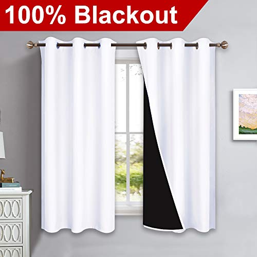 Product Cover NICETOWN Pure White 100% Blackout Lined Curtains, 2 Thick Layers Completely Blackout Window Treatment Panels Thermal Insulated Drapes for Kitchen (1 Pair, 42-inch Width x 63-inch Length Each Panel)