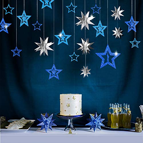 Product Cover 20pcs Blue and Silver Star Party Decoration Kit Colorful Decor Combo Metallic glitter 3D Star Garland Centerpieces Twinkle Little Star Cutouts Party supplies Hanging Decor for Kids Boys Girls Room