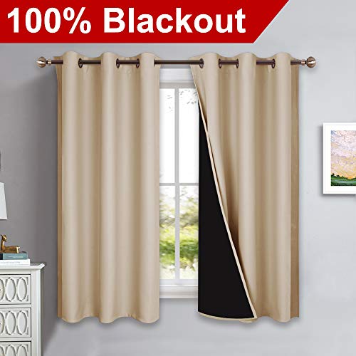 Product Cover NICETOWN Bedroom Full Blackout Curtain Panels, Super Thick Insulated Grommet Drapes, Double-Layer Blackout Draperies with Black Liner for Small Window (Set of 2 PCs, 42 by 63 inches, Biscotti Beige)