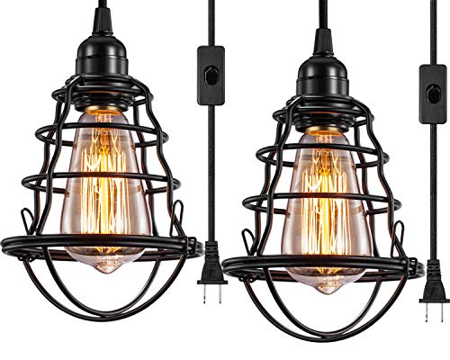 Product Cover Industrial Plug In Pendant Light Vintage Hanging Cage Pendant Lighting E26 E27 Mini Pendant Light Edison Plug In Light Fixture On/Off Switch 2 Pack