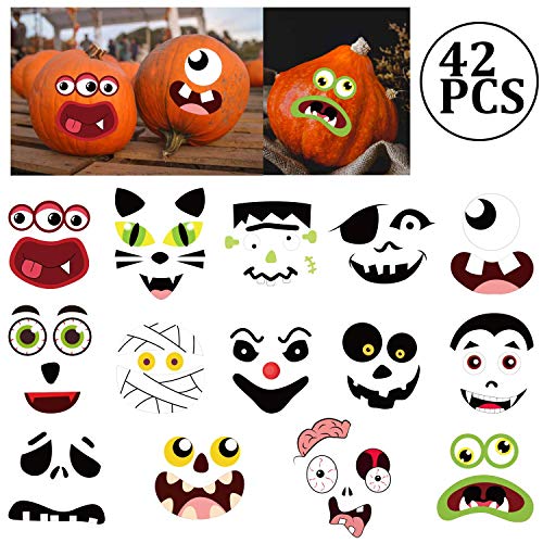 Product Cover jollylife Pumpkin Decorating Craft Stickers - Kids Make Your Own Jack-O-Lantern Face Decals Halloween Party Decorations 42Ct