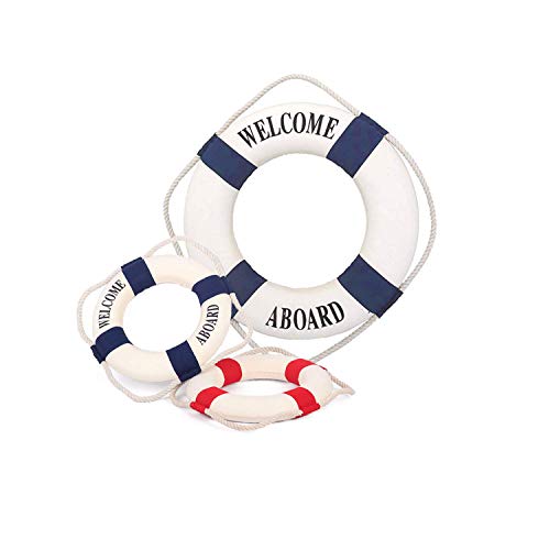 Product Cover Szsrcywd Decor Life Ring, 3 PCS Welcome Aboard Life Ring Mixed Size Mediterranean Style Nautical Life Ring for Home Decoration (Red and Blue)