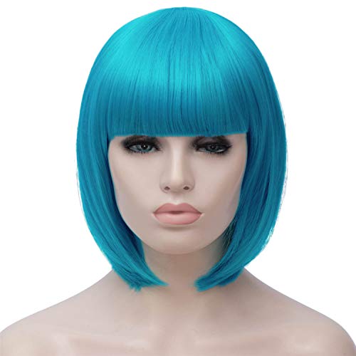 Product Cover Short Light Blue Bob Hair Wigs with Bangs for Women Straight Synthetic Wig Natural As Real Hair 12'' with Wig Cap BU27LB